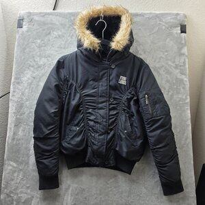 Fubu Ladies Black Puffer Bomber Jacket Faux Fur Hood Size Small
